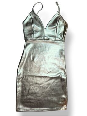Fashion Nova Metallic Silver Spaghetti Strap Mini Dress